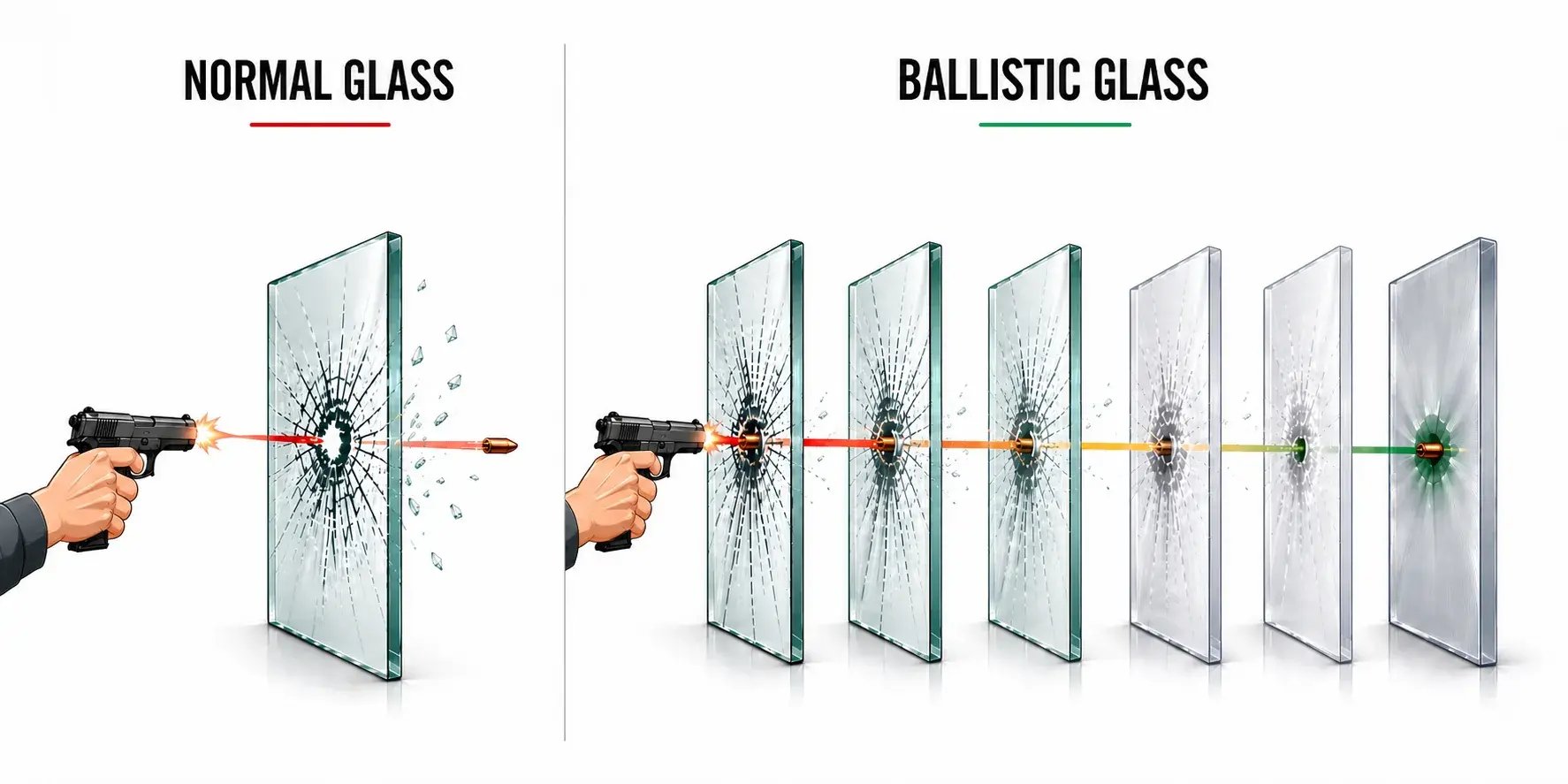 how ballistic glass works compared to normal glass, showing bullet impact, layered protection, and projectile stopping